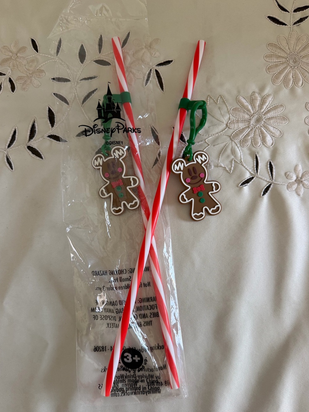 Disney Parks Candy Cane Striped Holiday Straws with Gingerbread Charm Set of 2